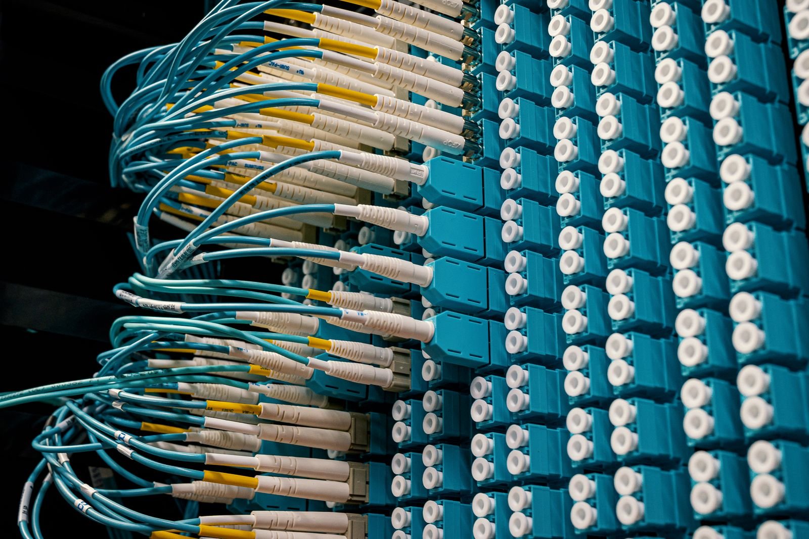 Fibre optic patch cables connect into a blue patch panel in a data centre